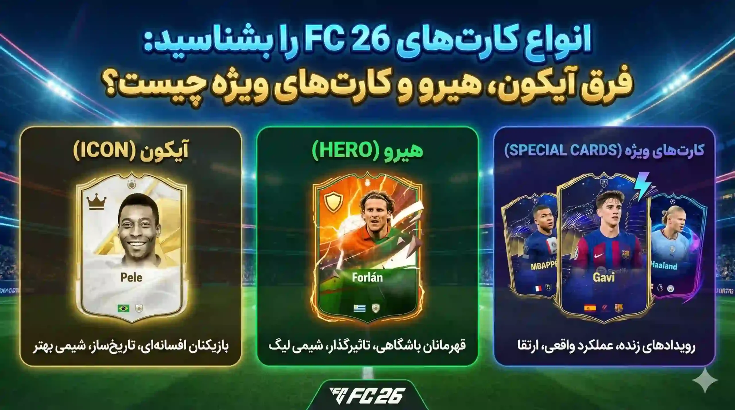 انواع کارت‌های FC 26 را بشناسید: فرق آیکون، هیرو و کارت‌های ویژه چیست؟