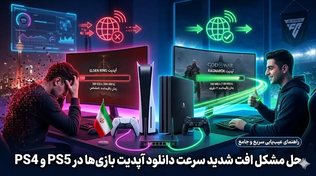 برای موضوع مقاله زیر عکس بساز حل مشکل افت شدید سرعت دانلود آپدیت بازی‌ها در PS5 و PS4
